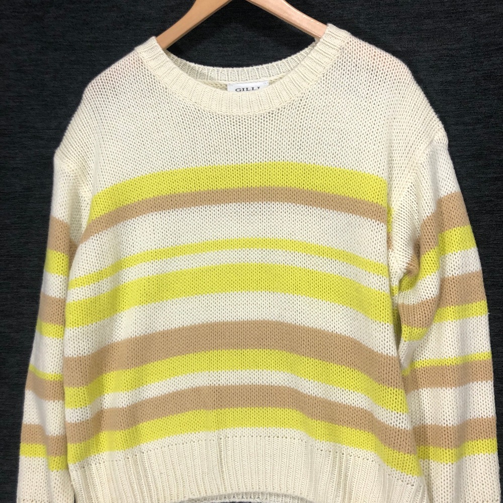 Gilli Striped Knit Sweater Crew Neck Pullover Casual Comfy Yellow Beige M